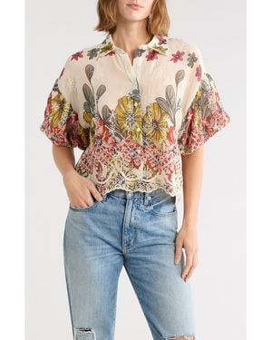 Forgotten Grace Embroidered Eyelet Bubble Sleeve Shirt - Pink