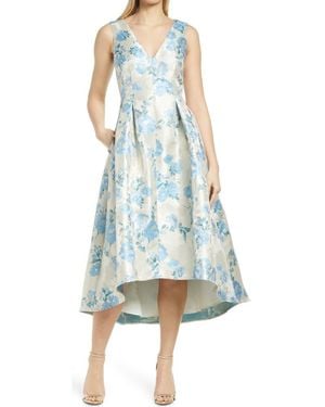 Eliza J Metallic Floral Print High-Low Cocktail Dress - Blue