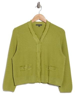 Adrianna Papell Frayed Waffle Knit Cardigan - Green