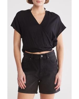 Elan Short Sleeve Faux Wrap Cover-Up Crop Top - Black