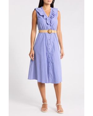Sam Edelman Stripe Rhinestone Detail Sleeveless Cotton Shirtdress - Blue