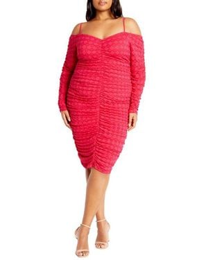 City Chic Lorelai Ruched Cold Shoulder Long Sleeve Dress - Red