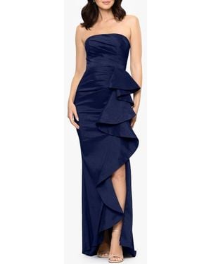 Betsy & Adam Strapless Cascade Ruffle Gown - Blue