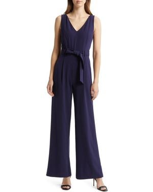 Tahari Tie Waist Sleeveless Crepe Jumpsuit - Blue