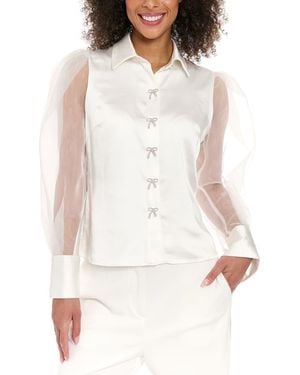 Muse Rhinestone Bow Organza Sleeve Satin Shirt - White