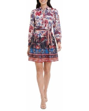 Maggy London Print Tie Waist Long Sleeve Shirtdress - Red