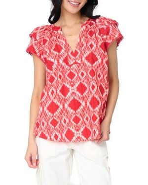 Gibsonlook Batik Print Flutter Sleeve Cotton Poplin Top - Red