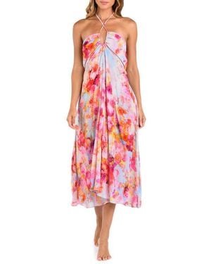 L'Agence Cheri Soft Cloud Floral Cover-Up Halter Dress - Red