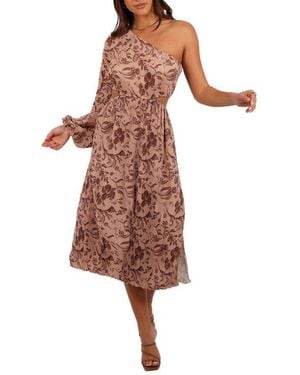 Petal & Pup Wren Floral Pleated Cutout One-Shoulder Midi Dress - Brown
