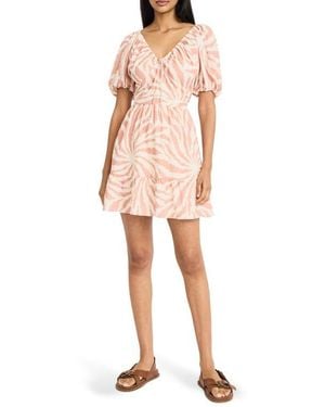 The Good Journey Puff Sleeve Tie Neck Minidress - Multicolor