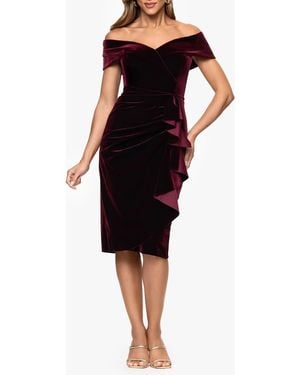 Xscape Evenings Ruched Ruffle Off The Shoulder Velvet Cocktail Dress - Black