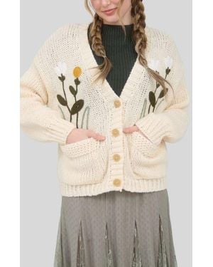 Blu Pepper Floral Embroidered Cardigan - Natural