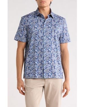 Bugatchi Leaf Short Sleeve Stretch Cotton Button-Up Shirt - Blue