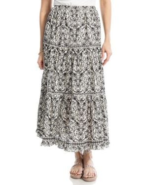 Max Studio Floral Wreath Print Tiered Cotton Blend Maxi Skirt - Multicolor