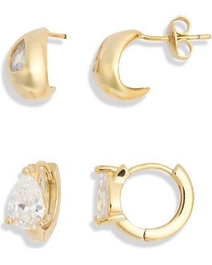 Nordstrom Rack Set Of 2 Cubic Zirconia Teardrop Stud & Huggie Hoop Earrings - Metallic
