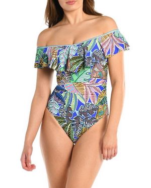 La Blanca Neon Ruffle One-Piece Swimsuit - Blue