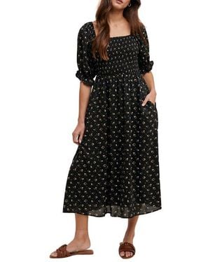 Wishlist Floral Print Puff Sleeve Midi Dress - Black