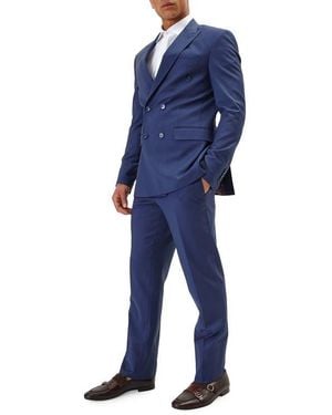 Ron Tomson Super 120s Wool Double-Breasted Tuxedo Jacket - Blue