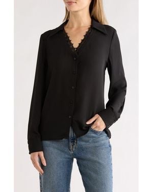 Gemma  Jane V-Neck Lace Trim Button-Up Shirt - Black