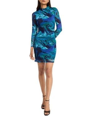 Donna Morgan Long Sleeve Ruched Mesh Minidress - Blue