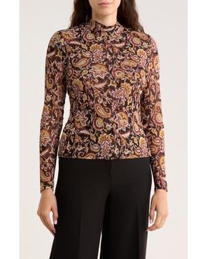 Ted Baker Paisley Mock Neck Long Sleeve Mesh Top - Brown