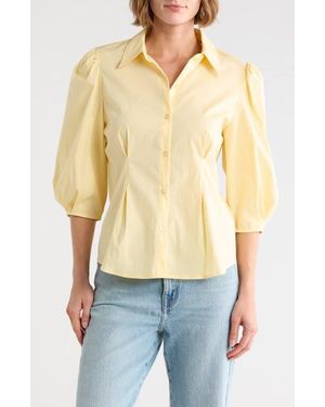 Gemma Jane Three-Quarter Sleeve Pleated Waist Button-Up Shirt - Blue