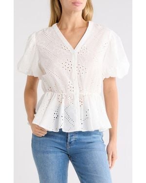 Forgotten Grace Eyelet Balloon Sleeve Faux Wrap Top - White