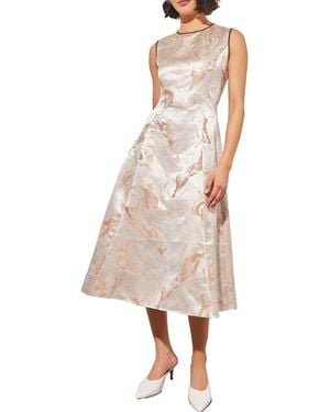 Ming Wang Shimmer Sleeveless Satin A-Line Midi Dress - Natural