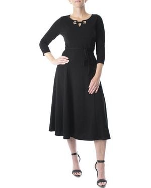 Nina Leonard Grommet Split Neck A-Line Midi Dress - Black