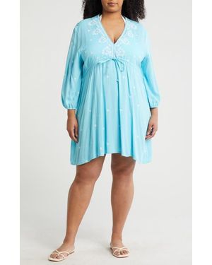 Boho Me Embroidered 3/4 Sleeve Coverup - Blue