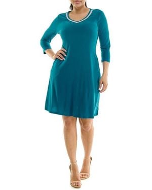 Nina Leonard Rhinestone V-Neck Dress - Blue