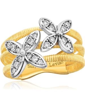 Suzy Levian Golden Helix Three Row Double Flower Ring - Metallic