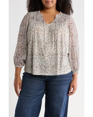 Lucky Brand Split Neck Smocked Long Sleeve Top - Gray