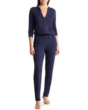 Go Couture Split Neck Straight Leg Jumpsuit - Blue
