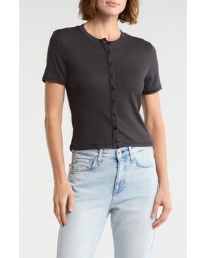 Rag & Bone Essie Short Sleeve Button-Up Crop T-Shirt - Black
