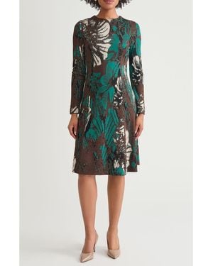 Ming Wang Floral Jacquard Long Sleeve Knit Dress - Green