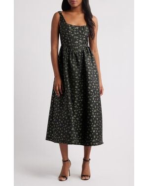 Lulus Celine Floral Corset Cocktail Midi Dress - Black