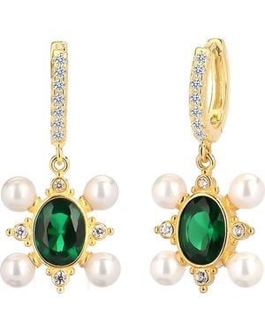 Gabi Rielle Cubic Zirconia & Imitation Pearl Drop Huggie Hoop Earrings - Green