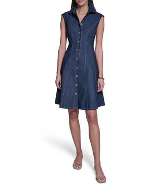 Halston Buttoned Fit & Flare Dress - Blue