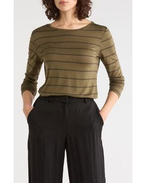 Tahari Striped Long Sleeve Crewneck Top - Black