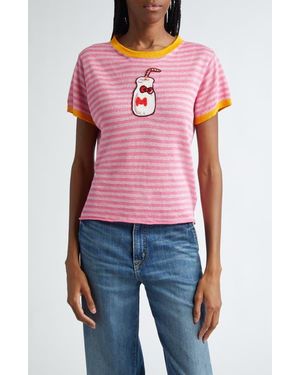 YANYAN X Sanrio Hello Kitty Milk Bottle Embroidered Stripe Linen T-Shirt - Blue