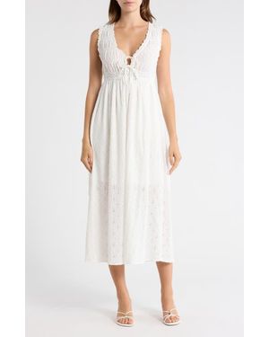 Lush Tie Front Sleeveless Smocked Midi Dress - White