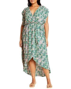 City Chic Ditsy Floral Wrap Front Maxi Dress - Green