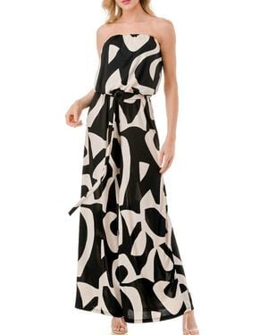 O.L. Printed Wide Leg Strapless Jumpsuit - Black