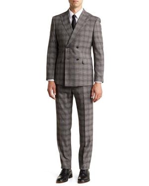 English Laundry Plaid Double Breasted Peak Lapel Suit - Black