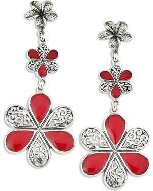 Samuel B. Engraved Coral Flower Drop Earrings - Red