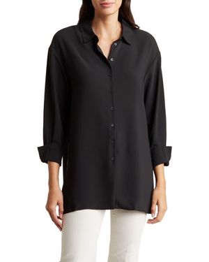 Adrianna Papell Long Sleeve Button-Up Tunic Shirt - Black