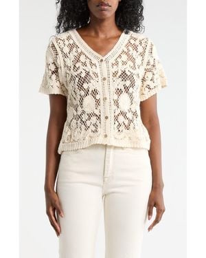 Forgotten Grace Open Stitch Short Sleeve Button-Up Shirt - Natural