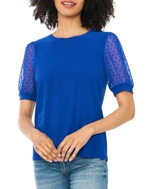 Cece Clip Dot Puff Sleeve Top - Blue