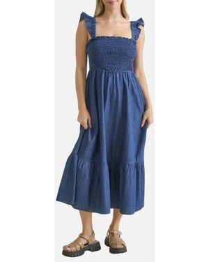 Blu Pepper Smocked Denim Midi Dress - Blue